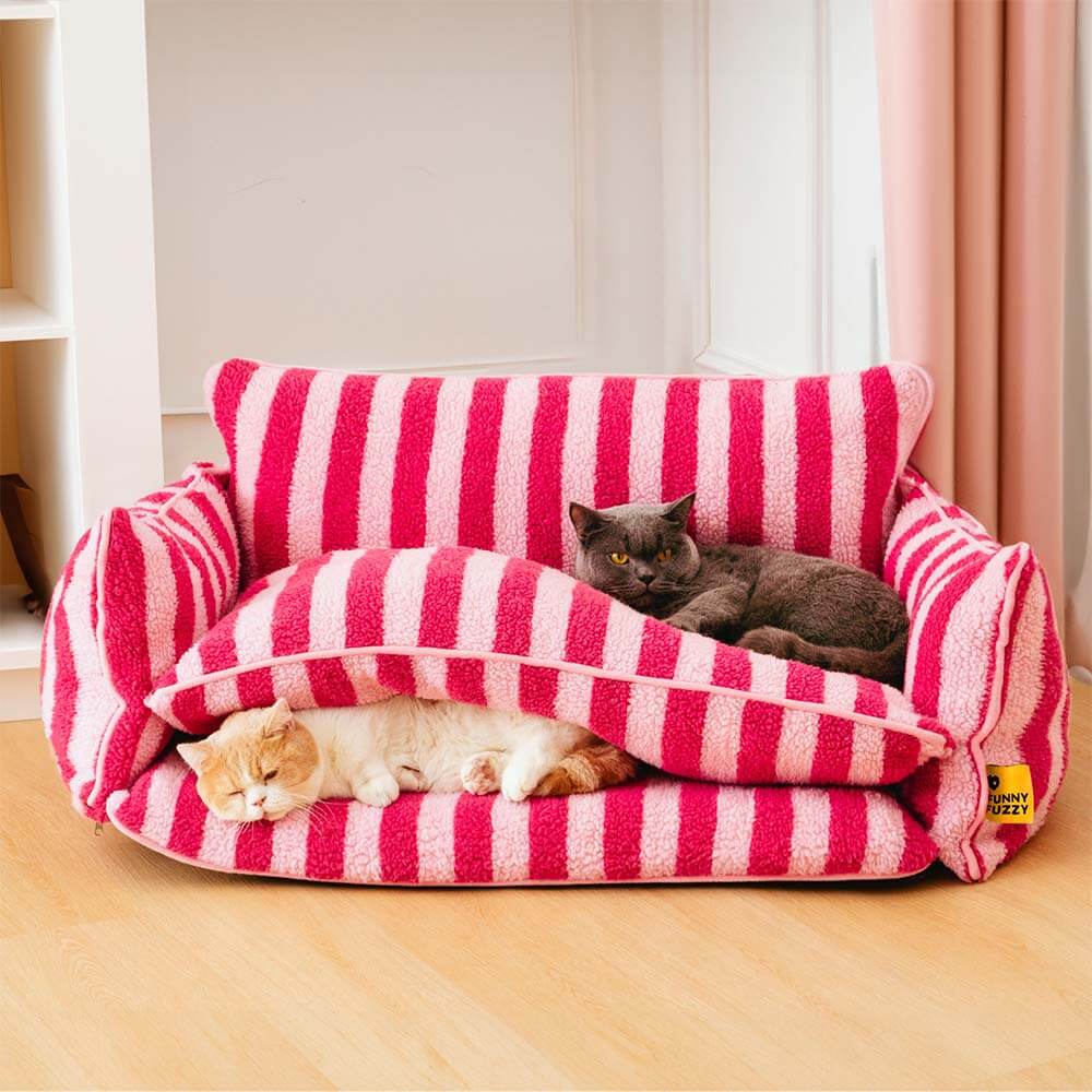 Canapé-lit double couche en fausse laine d'agneau à rayures pour chat tendance - Image 10