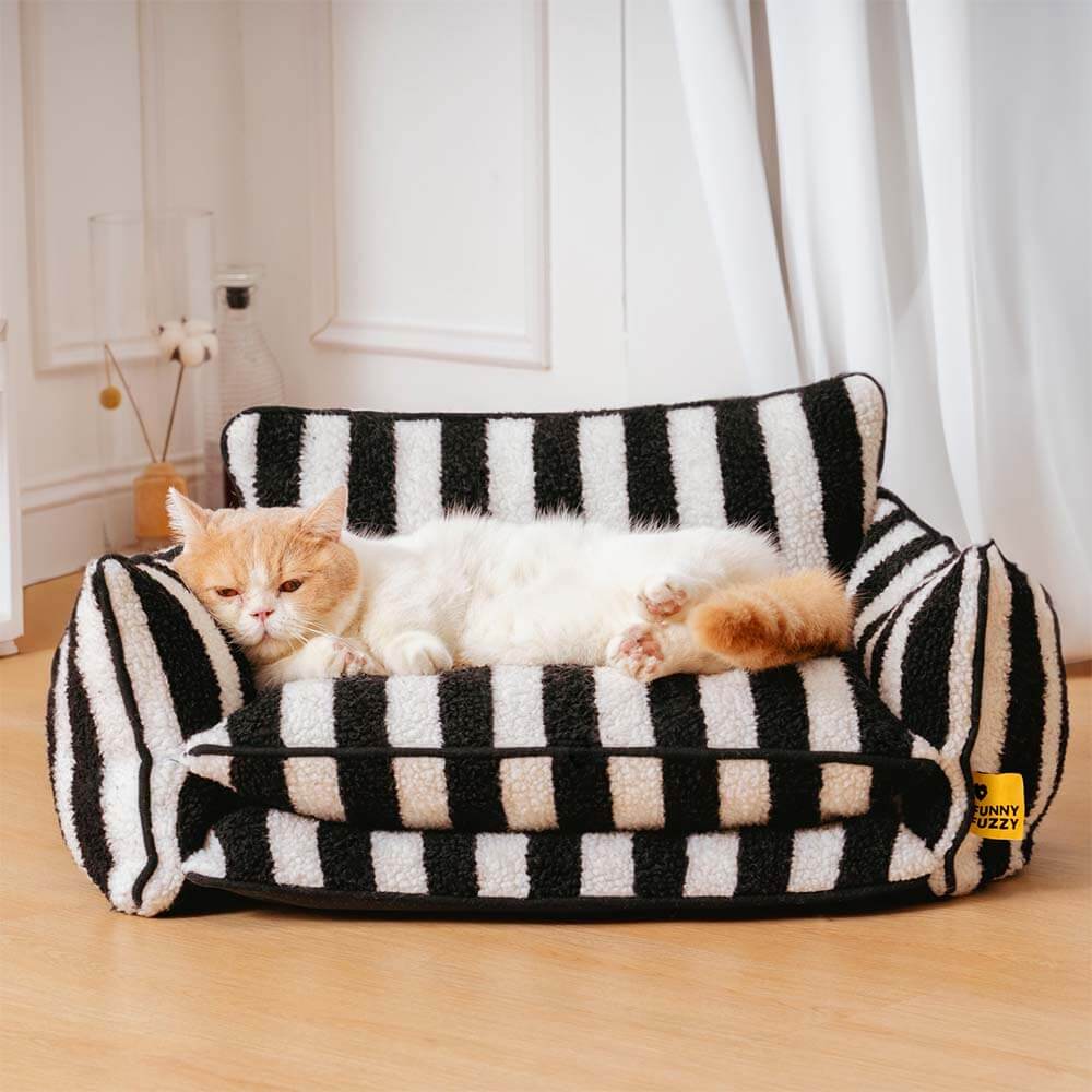 Canapé-lit double couche en fausse laine d'agneau à rayures pour chat tendance - Image 3