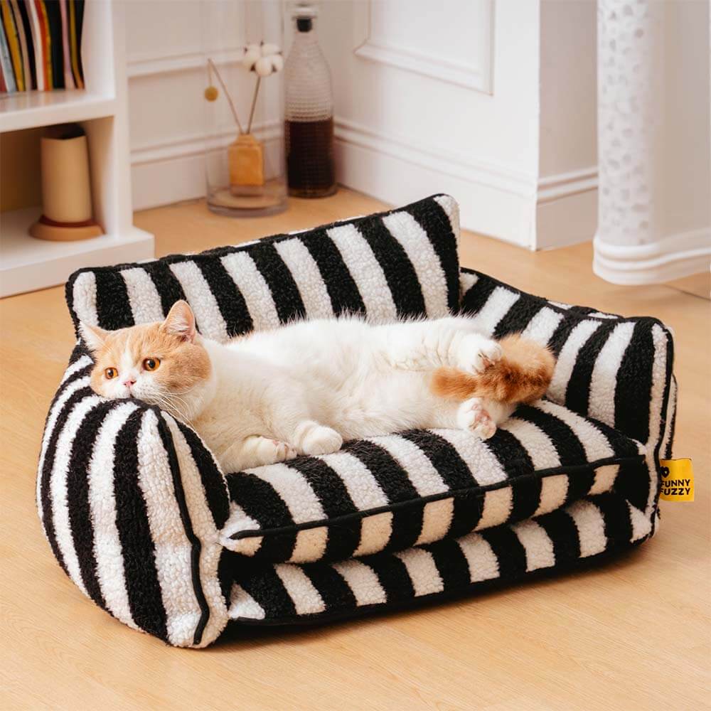 Canapé-lit double couche en fausse laine d'agneau à rayures pour chat tendance - Image 7