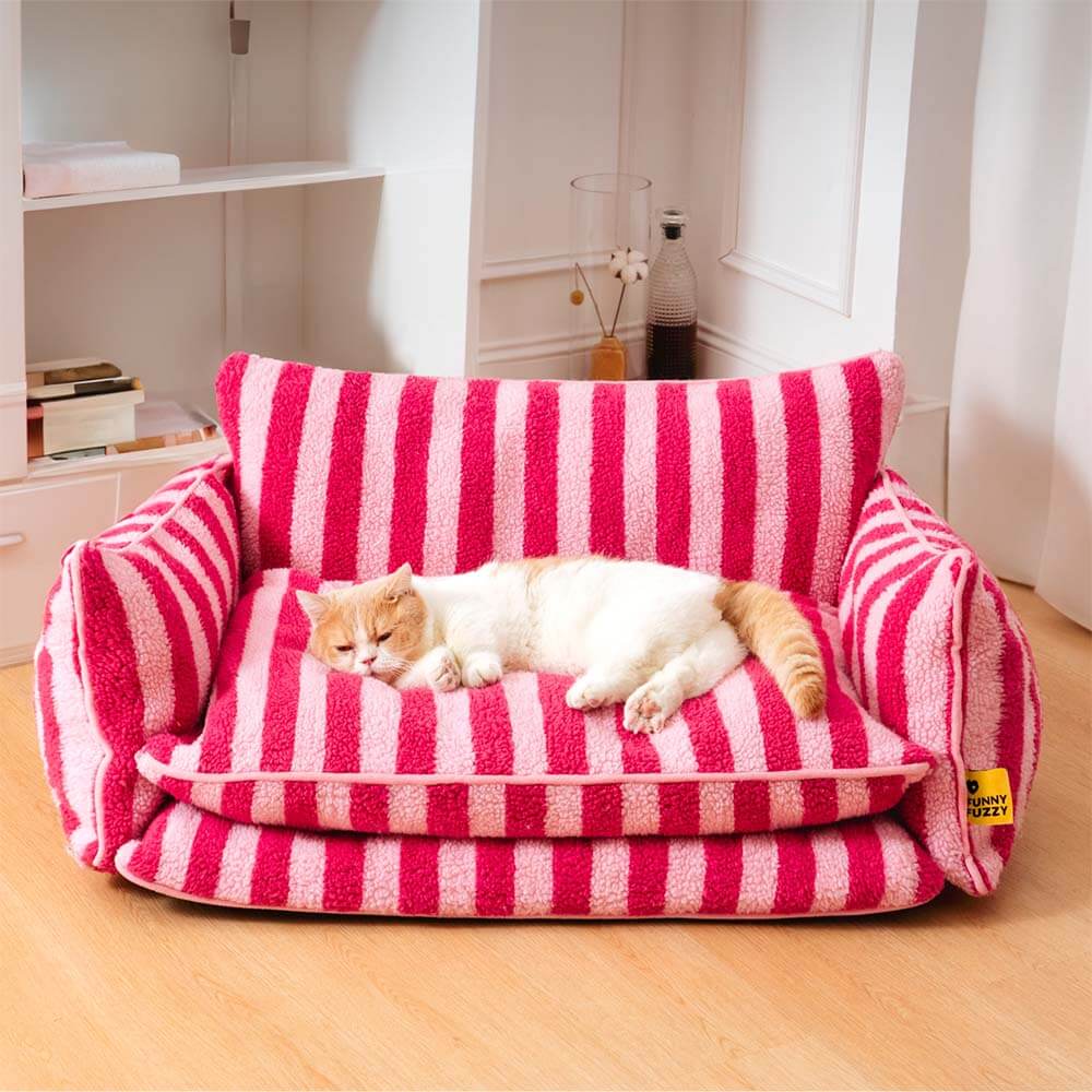 Canapé-lit double couche en fausse laine d'agneau à rayures pour chat tendance - Image 9