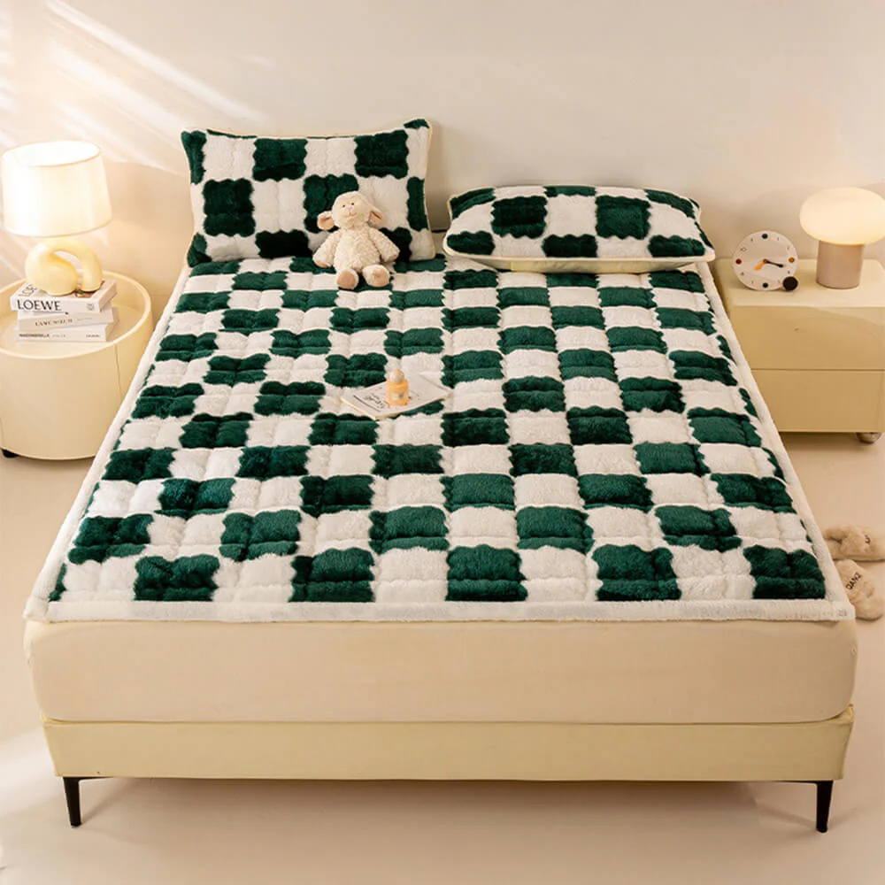 Couverture de matelas en peluche à motifs carreaux et taie d'oreiller