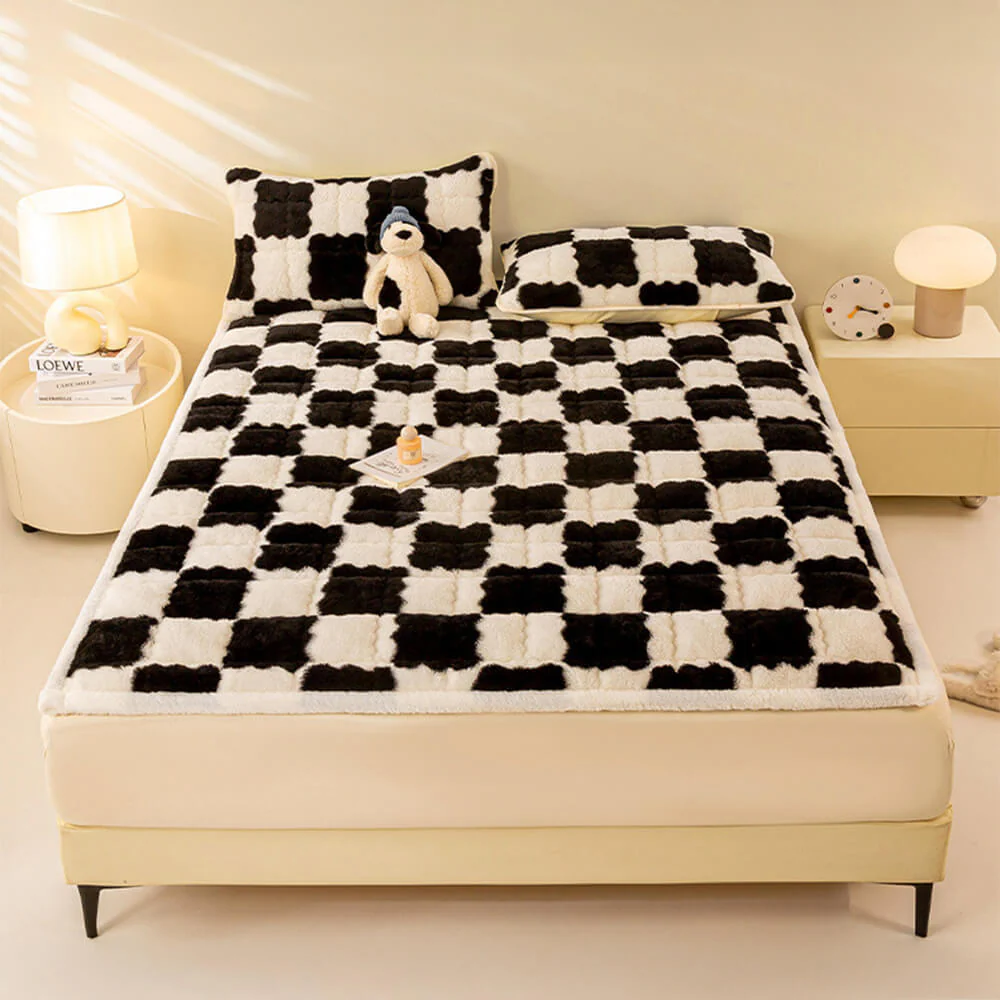 Couverture de matelas en peluche à motifs carreaux et taie d'oreiller - Image 3