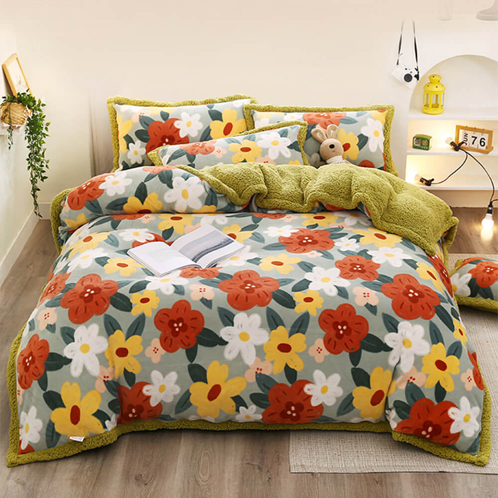 Ensemble de draps réversibles en velours de lait et sherpa à imprimé floral