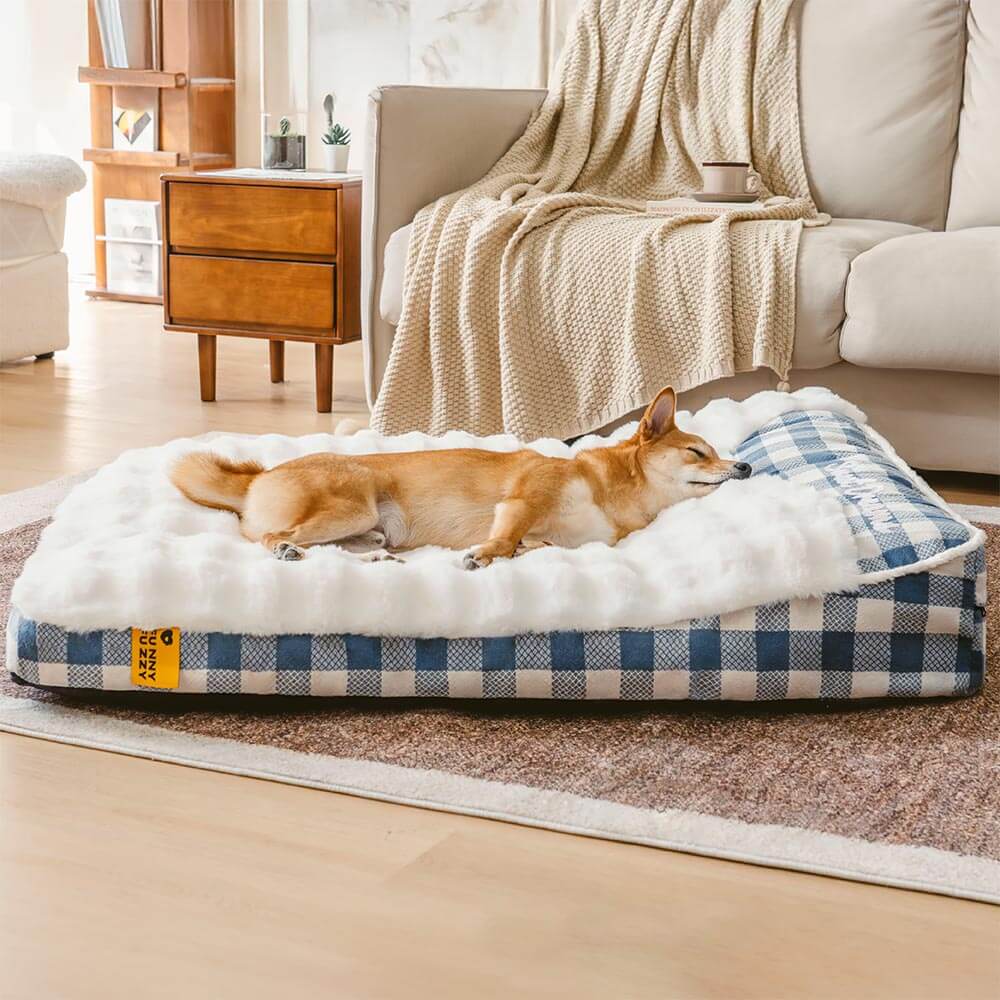 Lit rectangulaire pour chien avec tête de dossier à carreaux classiques et grand soutien apaisant - Dreamy Wave - Image 10