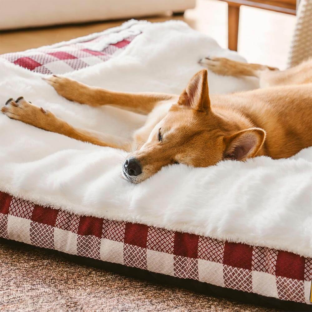 Lit rectangulaire pour chien avec tête de dossier à carreaux classiques et grand soutien apaisant - Dreamy Wave - Image 11
