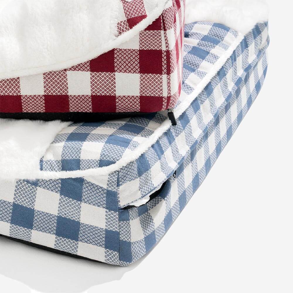 Lit rectangulaire pour chien avec tête de dossier à carreaux classiques et grand soutien apaisant - Dreamy Wave - Image 12