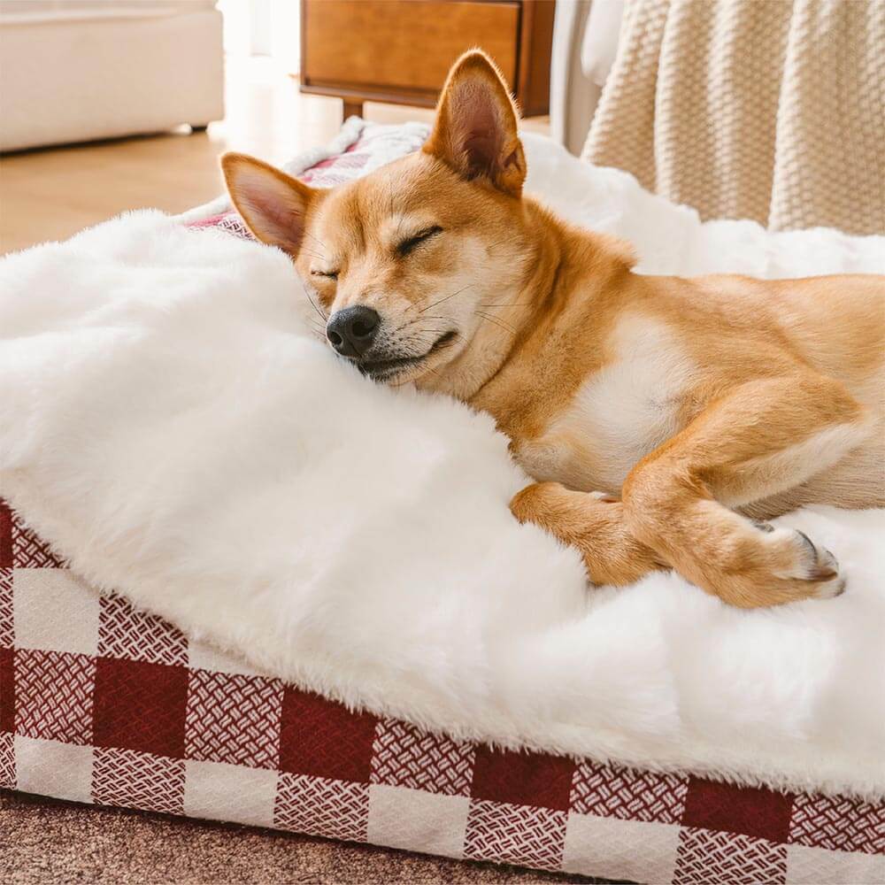 Lit rectangulaire pour chien avec tête de dossier à carreaux classiques et grand soutien apaisant - Dreamy Wave - Image 2