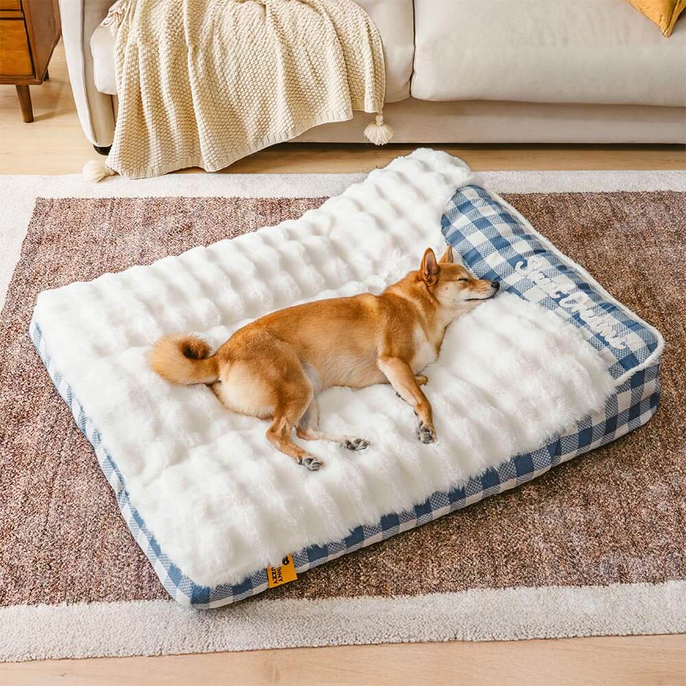 Lit rectangulaire pour chien avec tête de dossier à carreaux classiques et grand soutien apaisant - Dreamy Wave - Image 3