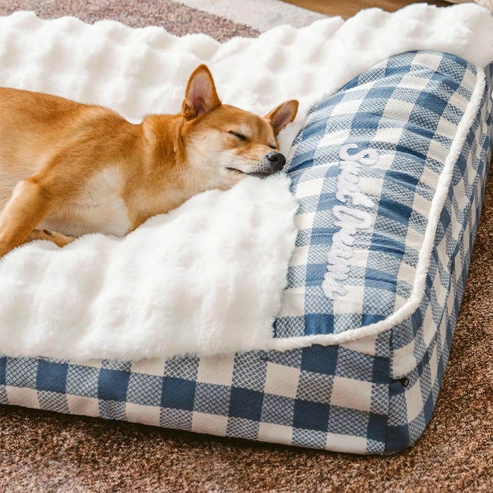 Lit rectangulaire pour chien avec tête de dossier à carreaux classiques et grand soutien apaisant - Dreamy Wave - Image 5