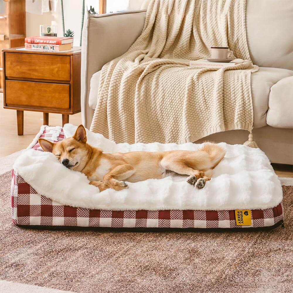 Lit rectangulaire pour chien avec tête de dossier à carreaux classiques et grand soutien apaisant - Dreamy Wave - Image 8