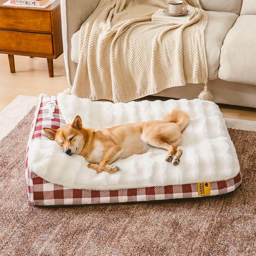 Lit rectangulaire pour chien avec tête de dossier à carreaux classiques et grand soutien apaisant - Dreamy Wave - Image 9