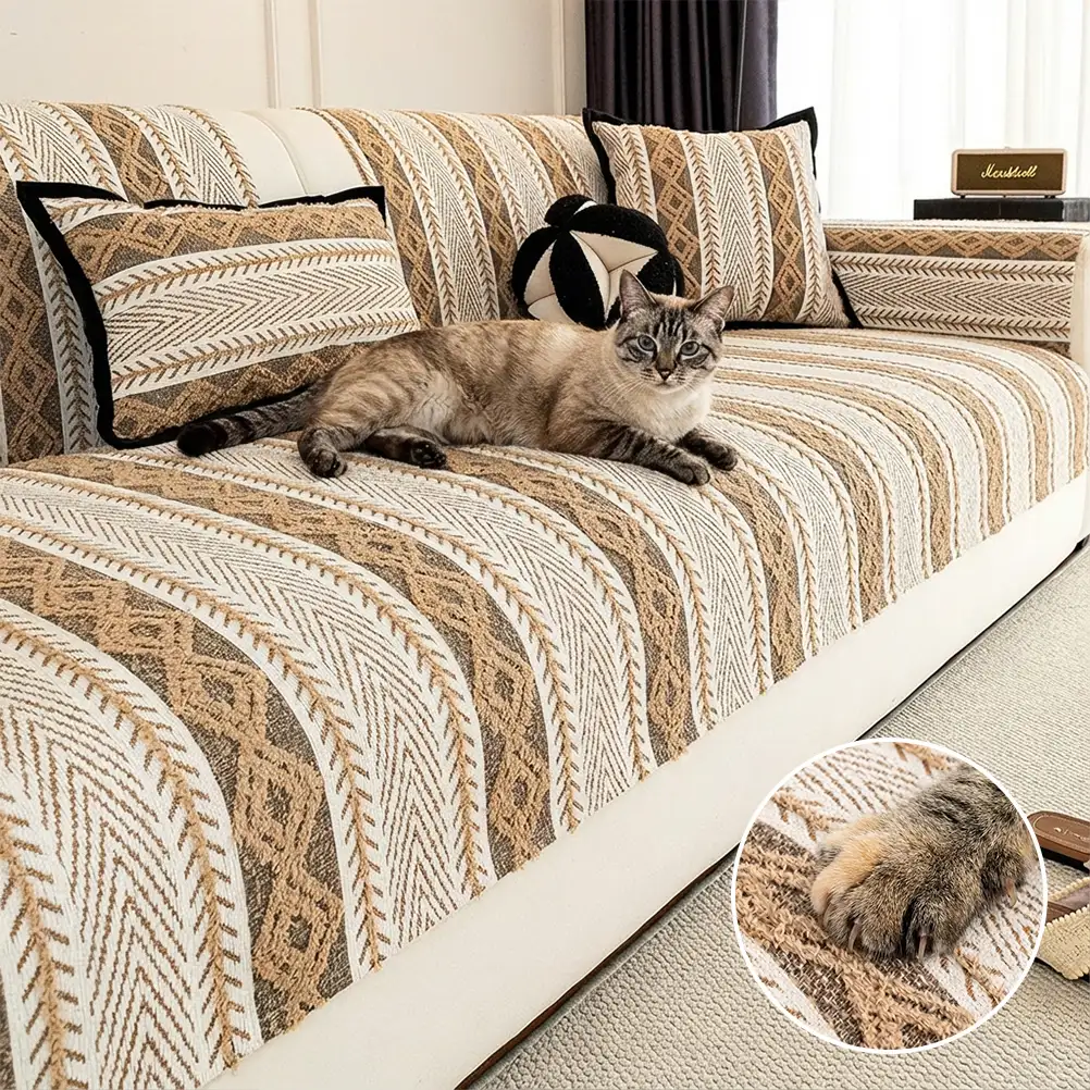 Housse de canapé antidérapante en chenille à rayures bloc de couleur - Convient à toutes les saisons