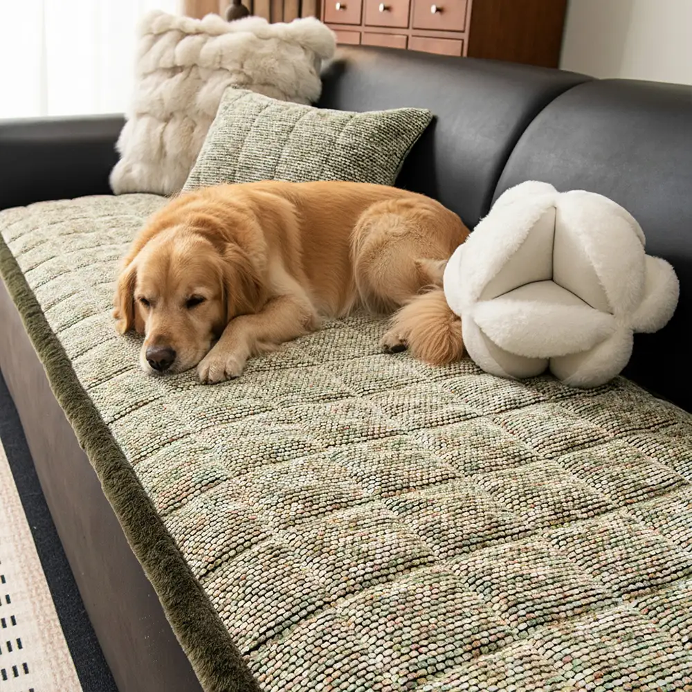 Housse de canapé antidérapante en chenille texturée, amicale pour les animaux de compagnie, avec bords effilochés