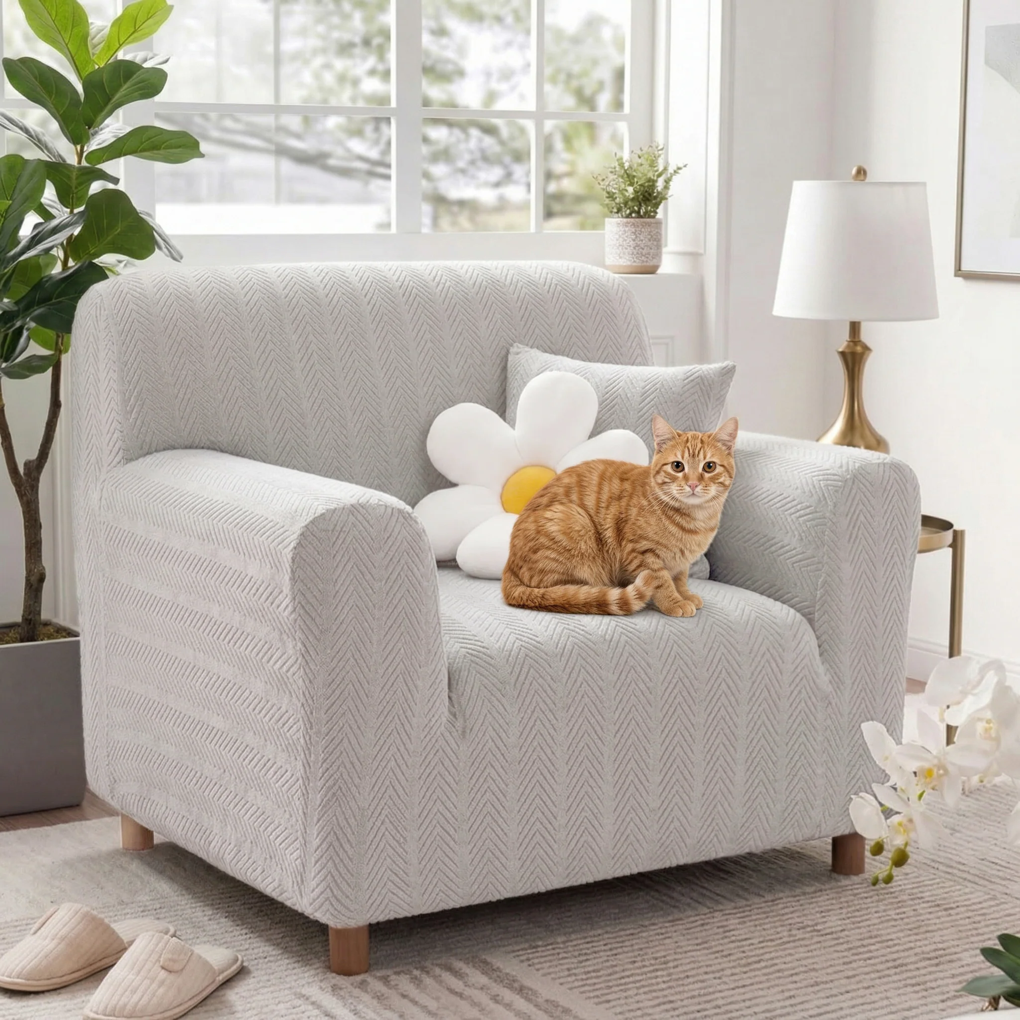 Housse de fauteuil, canapé extensible magique esthétique crème en chevrons élégante - Image 10