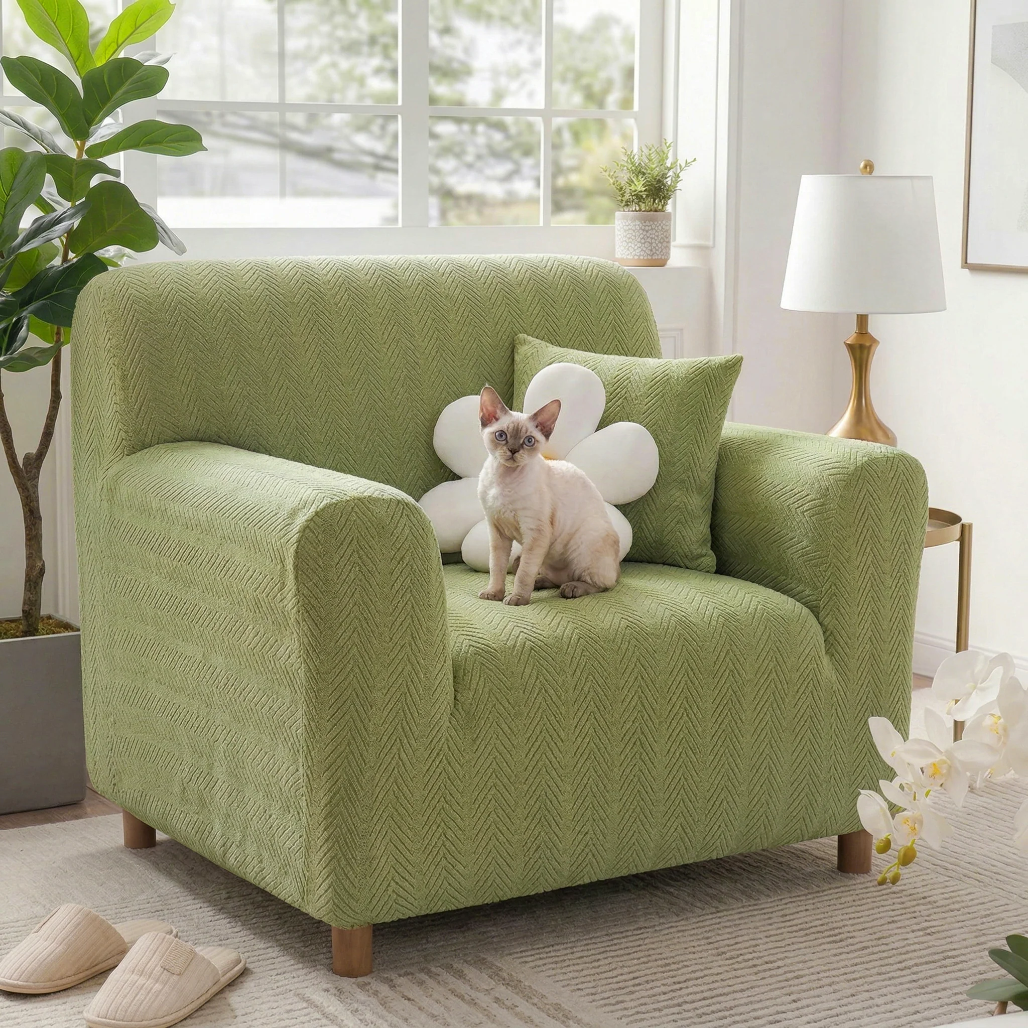 Housse de fauteuil, canapé extensible magique esthétique crème en chevrons élégante - Image 12