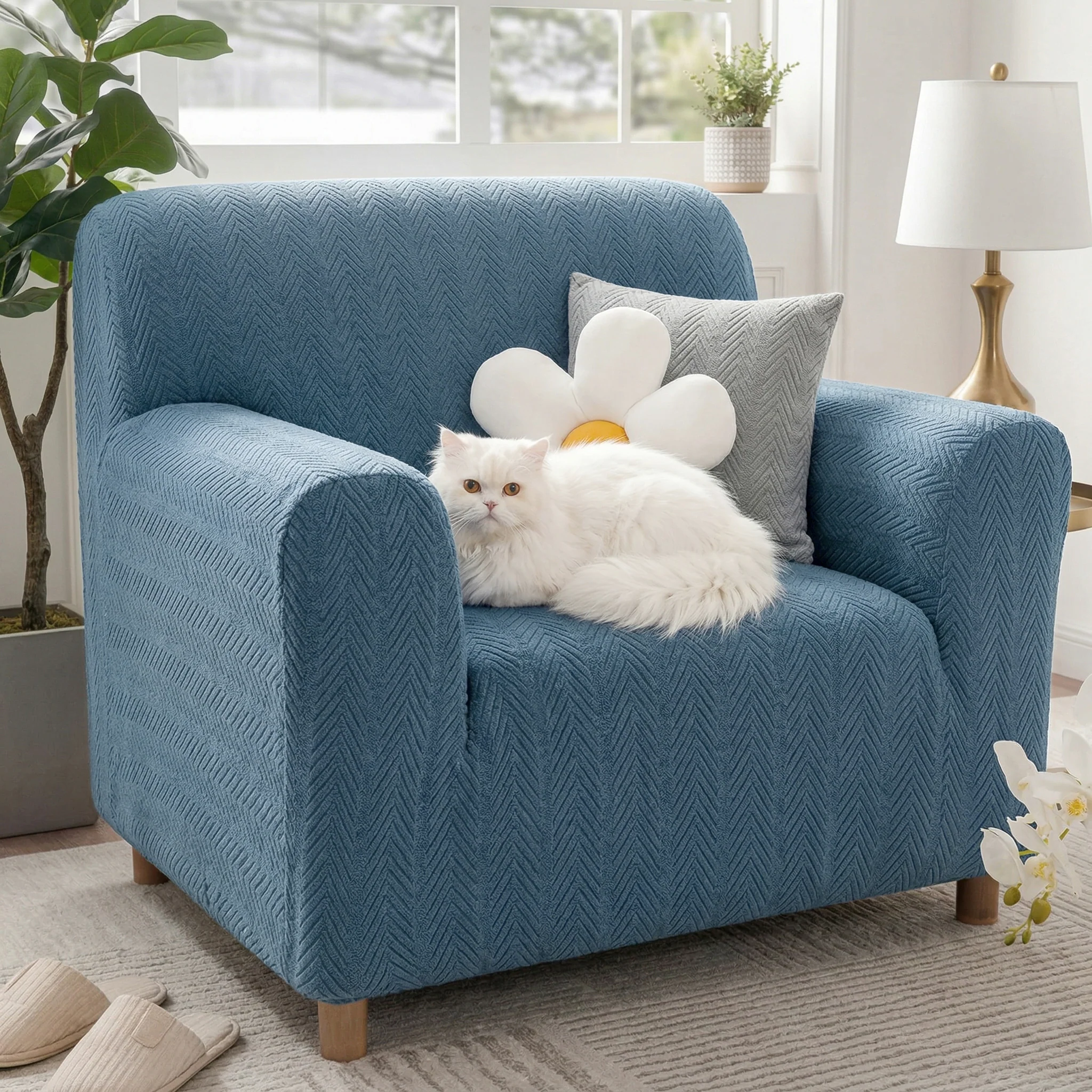 Housse de fauteuil, canapé extensible magique esthétique crème en chevrons élégante - Image 16