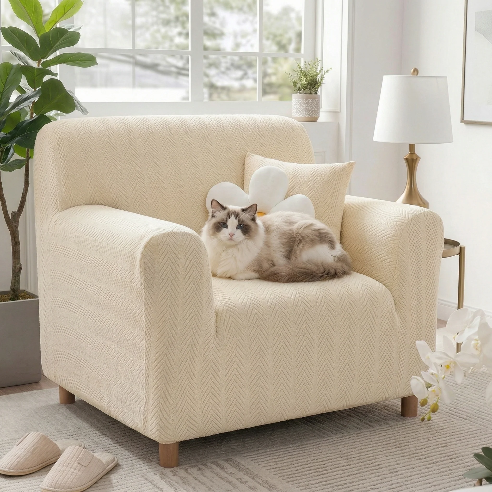 Housse de fauteuil, canapé extensible magique esthétique crème en chevrons élégante - Image 8