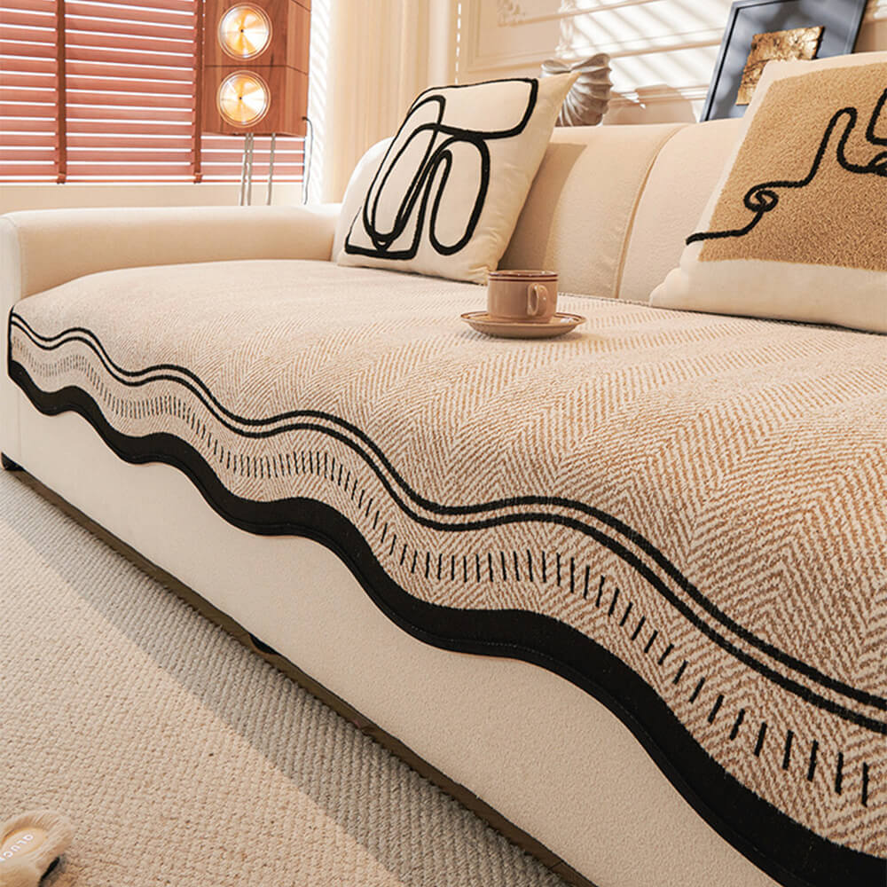 Housse de canapé en chenille à chevrons antidérapante avec bords ondulés - Image 4