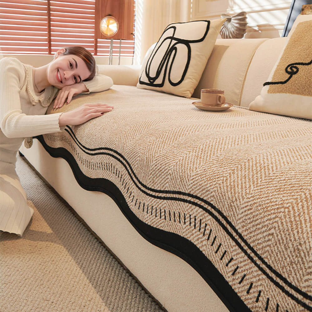 Housse de canapé en chenille à chevrons antidérapante avec bords ondulés - Image 6