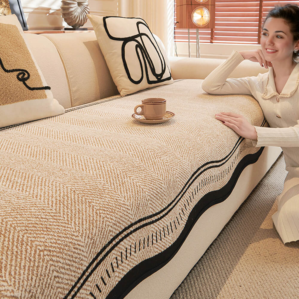 Housse de canapé en chenille à chevrons antidérapante avec bords ondulés - Image 8