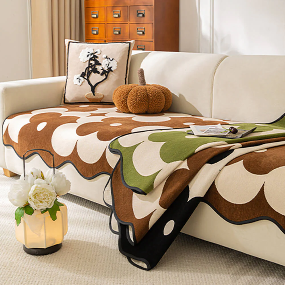 Housse de canapé en chenille florale élégante avec bord ondulé - Image 5