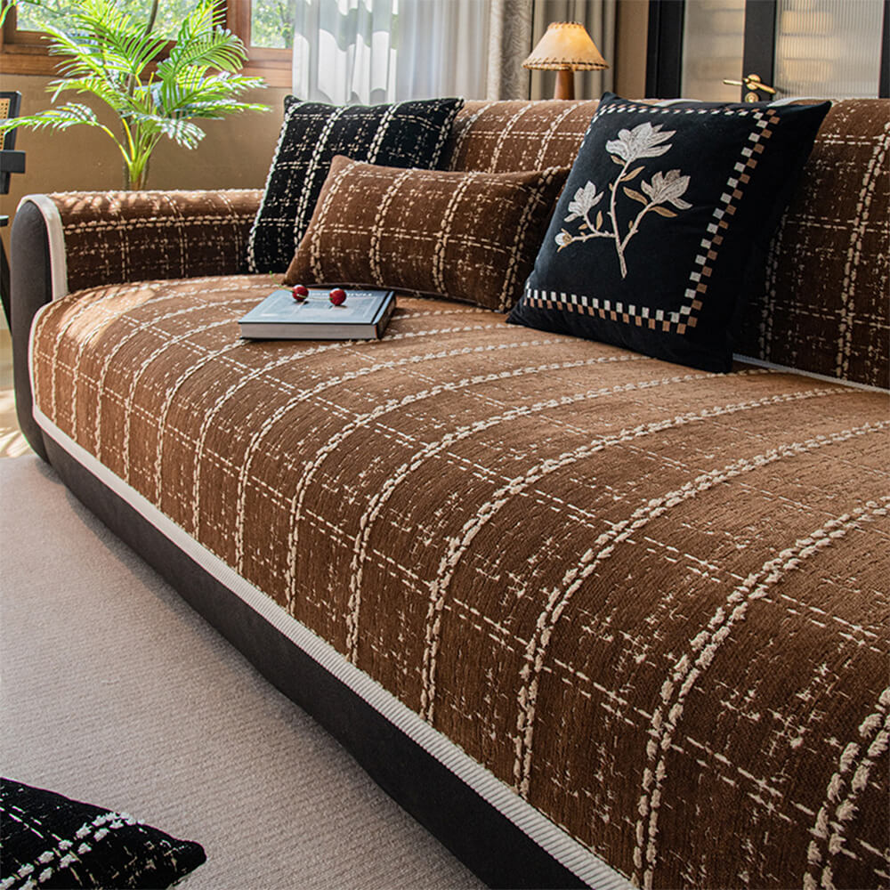Housse de canapé en chenille jacquard à carreaux élégante toutes saisons - Image 11