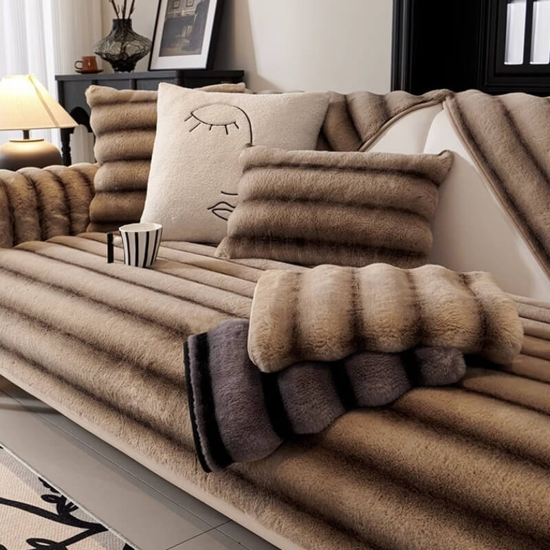 Housse de canapé en fausse fourrure de lapin rayée durable et résistante aux taches - Image 4