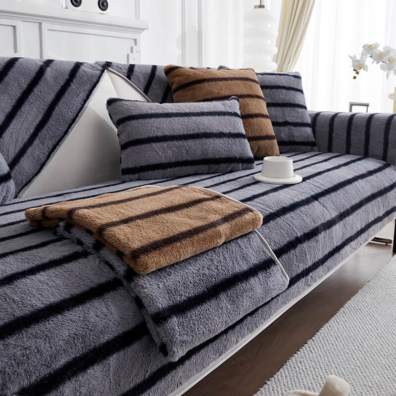 Housse de canapé en fausse fourrure de lapin rayée durable et résistante aux taches - Image 8