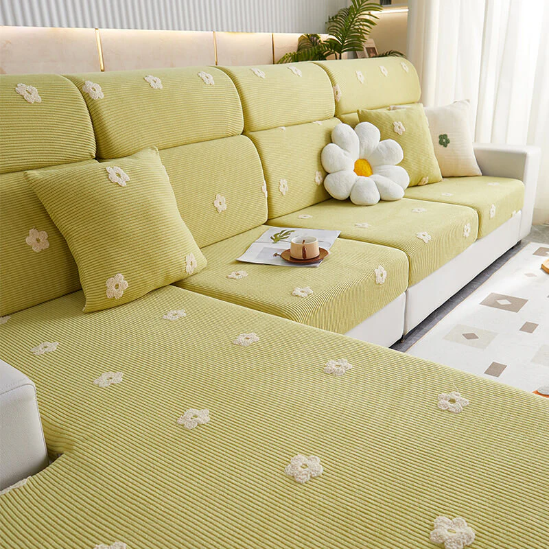 Housse de canapé d'angle en molleton extensible brodé fleurs protection anti rayures - Image 3