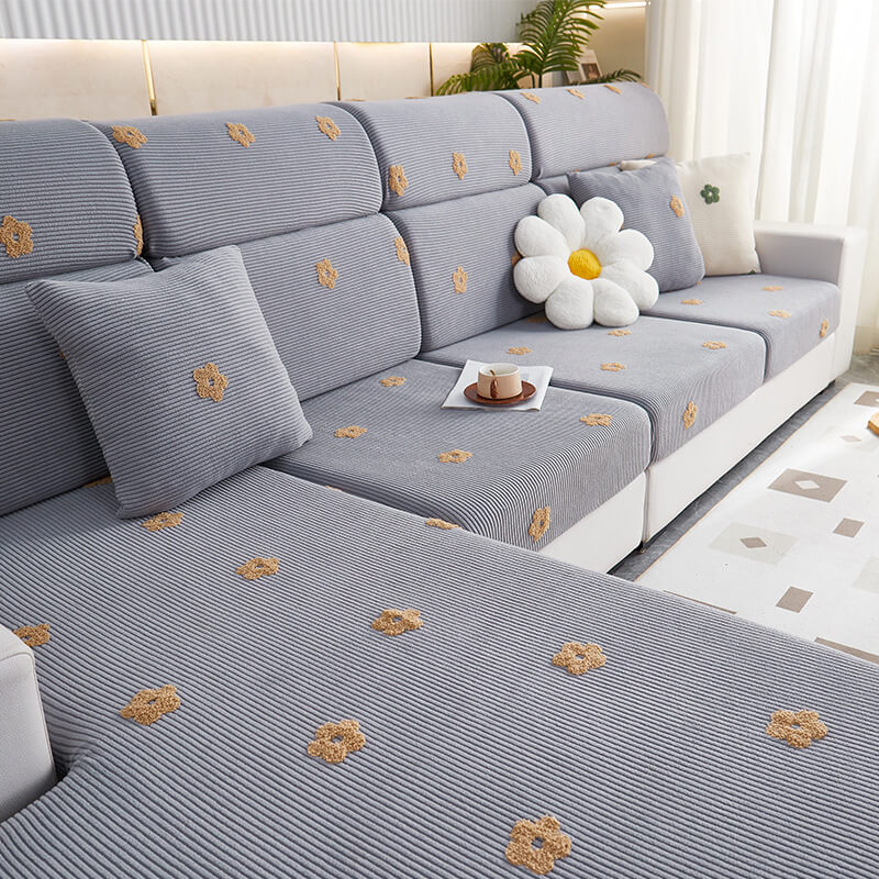 Housse de canapé d'angle en molleton extensible brodé fleurs protection anti rayures - Image 9