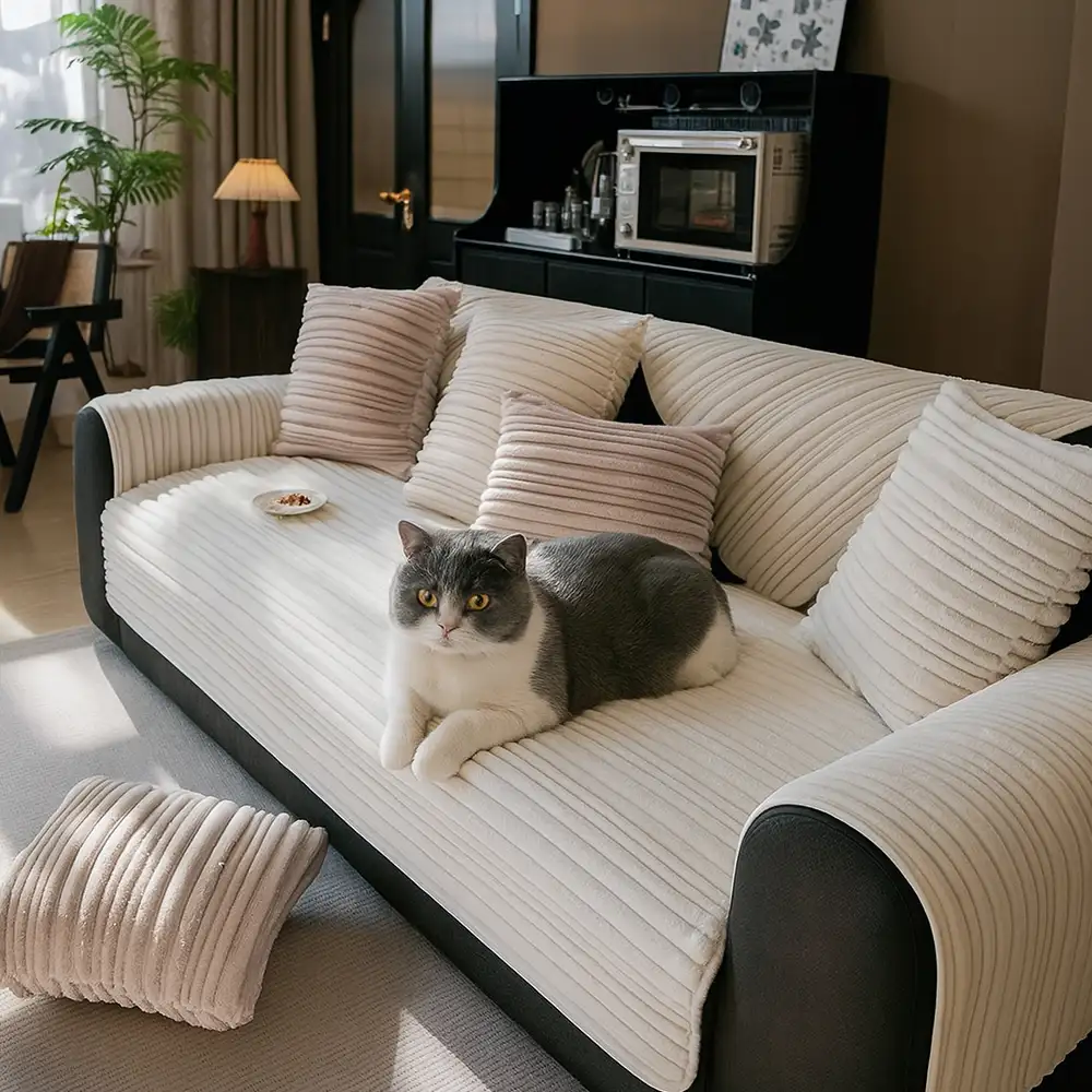 Housse de canapé en peluche douce antidérapante rayures asymétriques modernes - Image 13