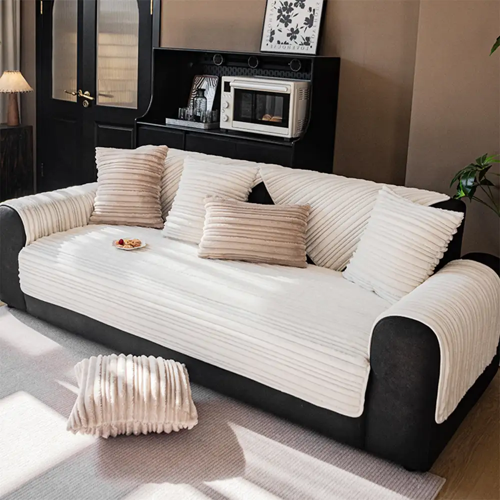 Housse de canapé en peluche douce antidérapante rayures asymétriques modernes - Image 14