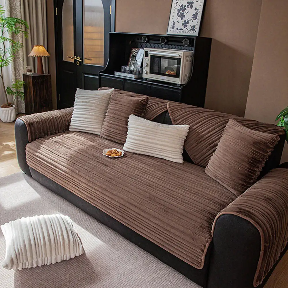 Housse de canapé en peluche douce antidérapante rayures asymétriques modernes - Image 15