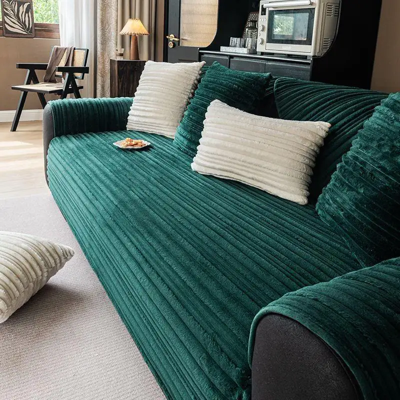 Housse de canapé en peluche douce antidérapante rayures asymétriques modernes - Image 2