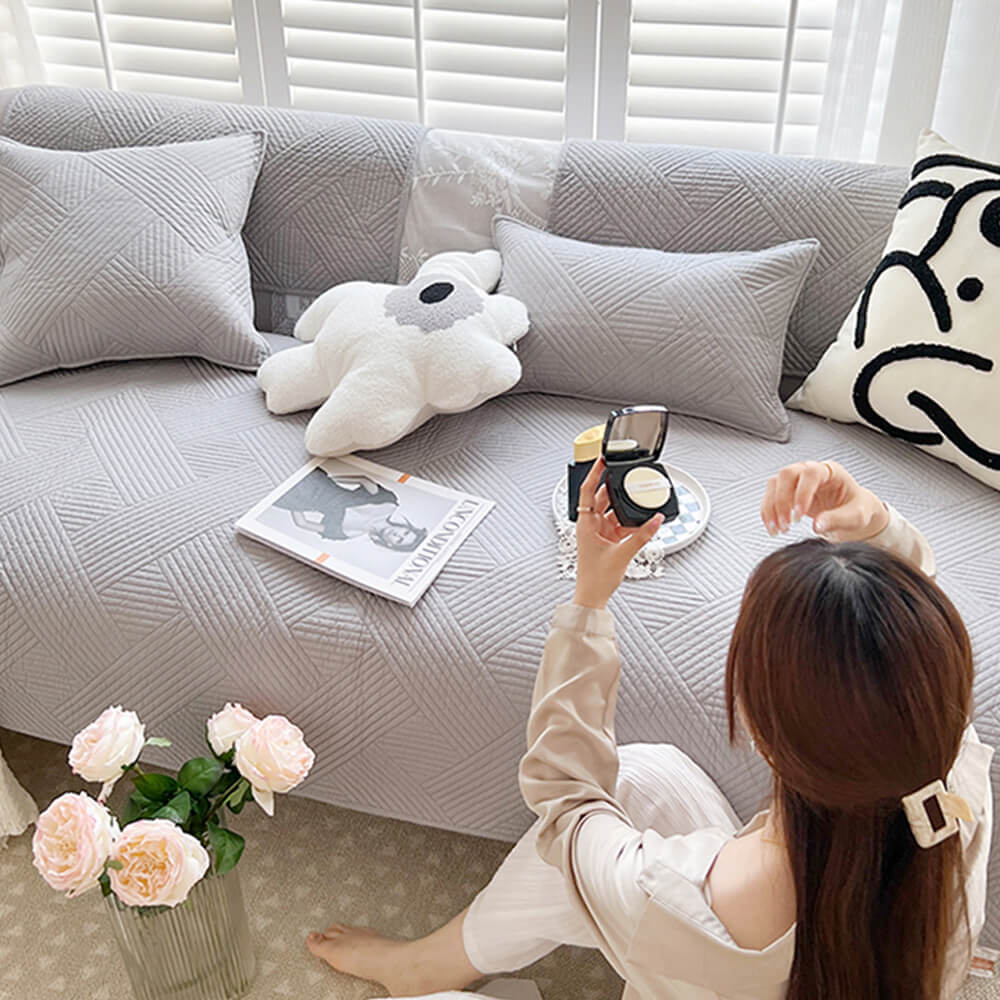 Housse de canapé matelassée antidérapante en coton uni toute saison motif géométrique minimaliste - Image 10