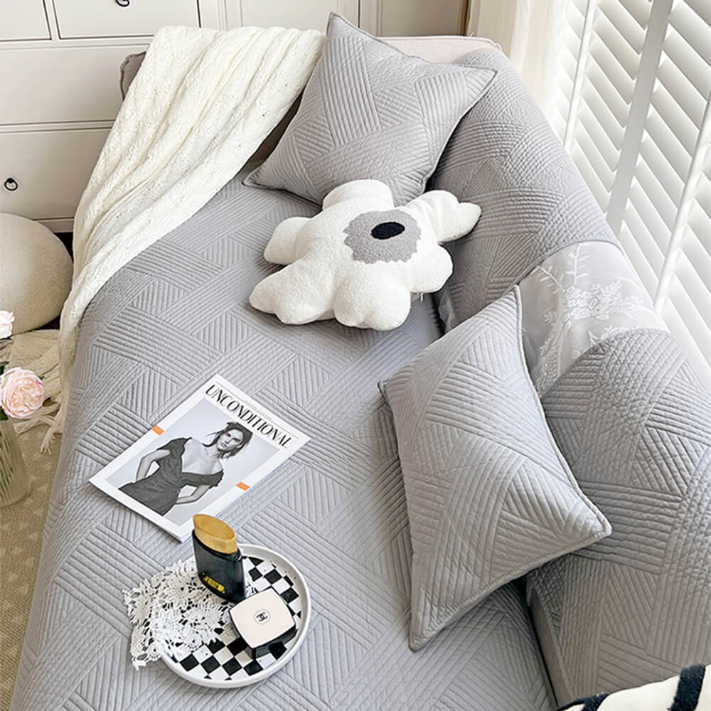 Housse de canapé matelassée antidérapante en coton uni toute saison motif géométrique minimaliste - Image 12