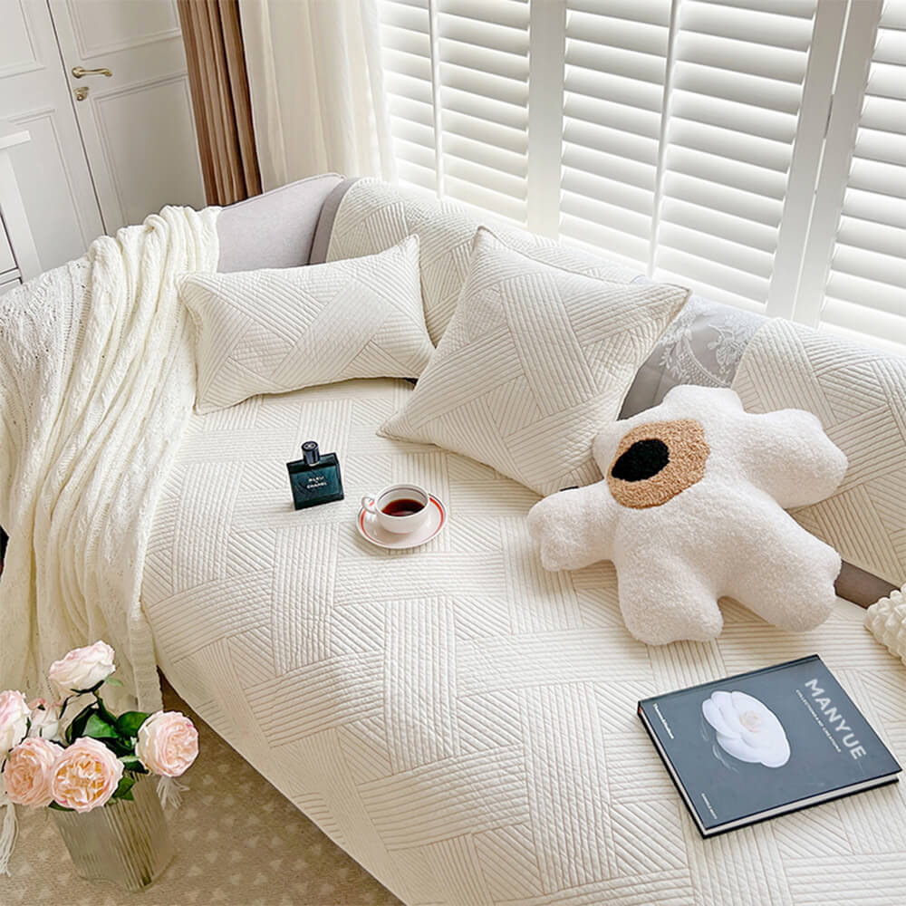 Housse de canapé matelassée antidérapante en coton uni toute saison motif géométrique minimaliste - Image 14