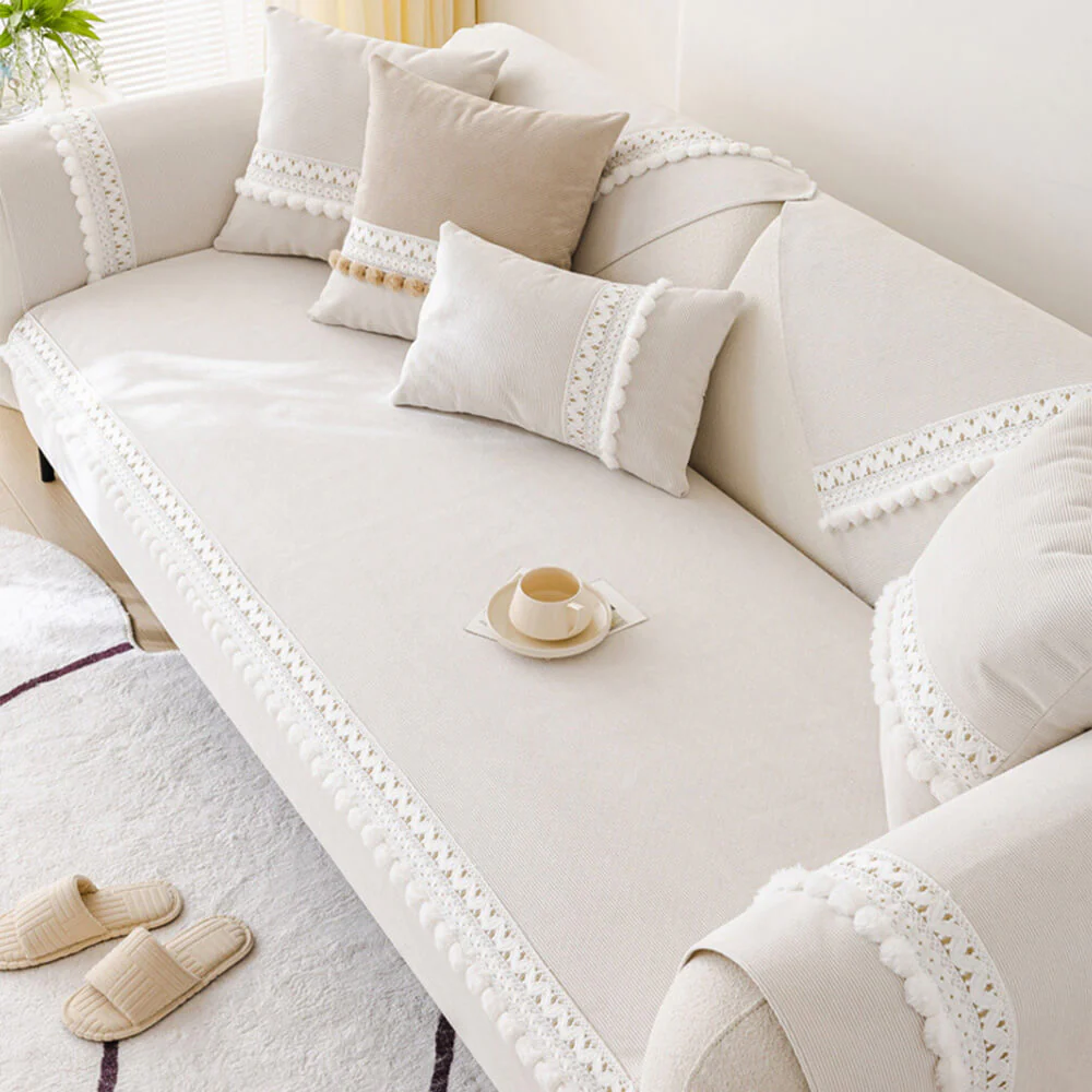Housse de canapé velours côtelé doux toutes saisons imperméable anti-rayures avec pompons - Image 10