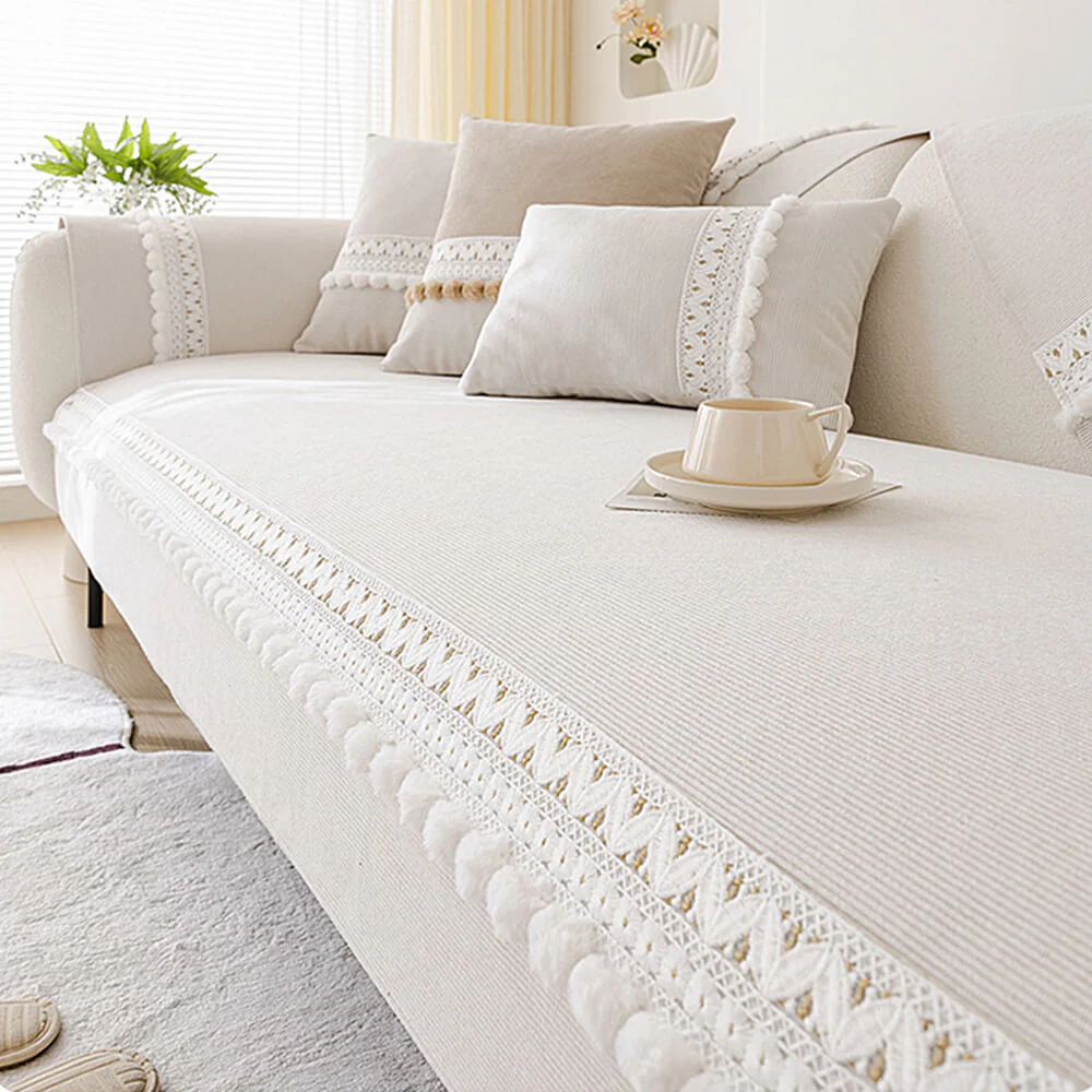 Housse de canapé velours côtelé doux toutes saisons imperméable anti-rayures avec pompons - Image 13