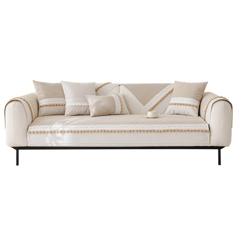 Housse de canapé velours côtelé doux toutes saisons imperméable anti-rayures avec pompons - Image 17