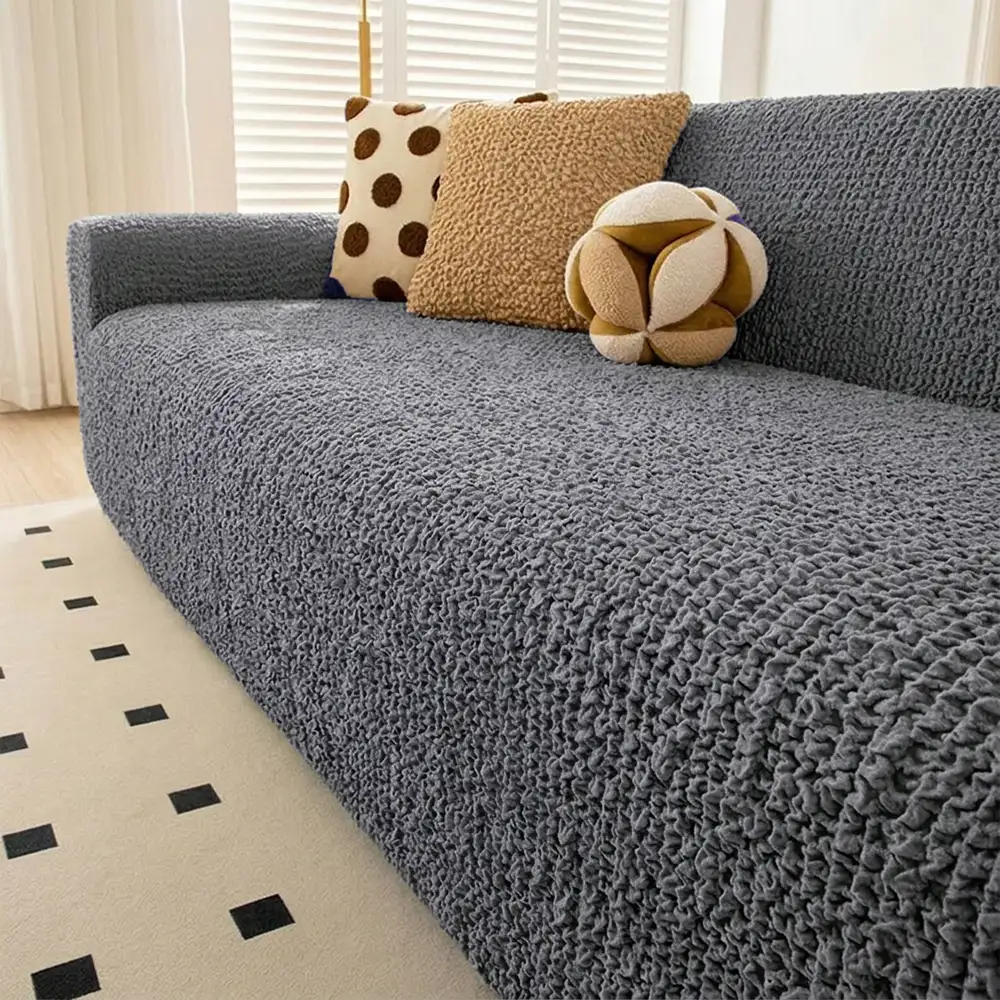 Housse de canapé extensible magique en seersucker et respirant, style crème, à couverture complète. - Image 2