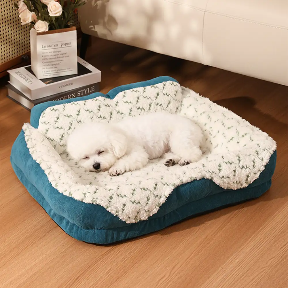 Lit pour animaux de compagnie en tissu jacquard contrasté en peluche avec support pour le cou.