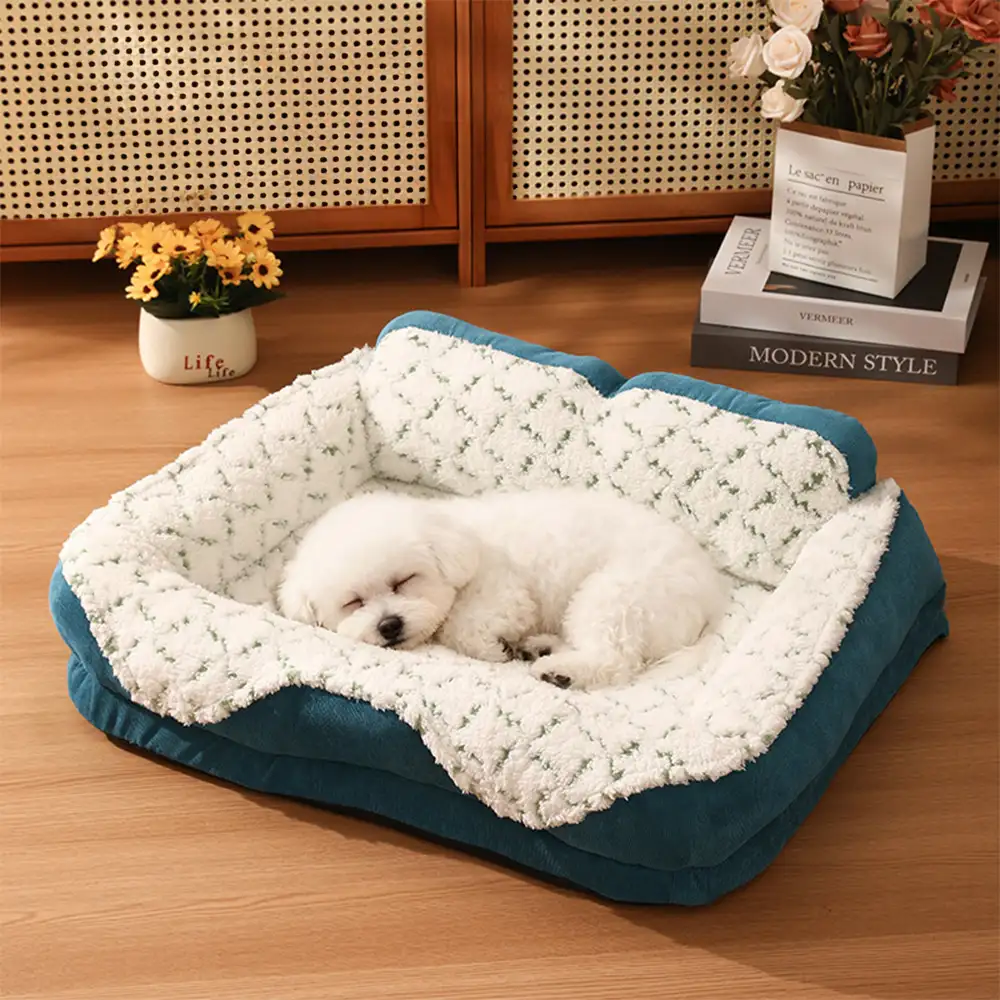 Lit pour animaux de compagnie en tissu jacquard contrasté en peluche avec support pour le cou. - Image 10