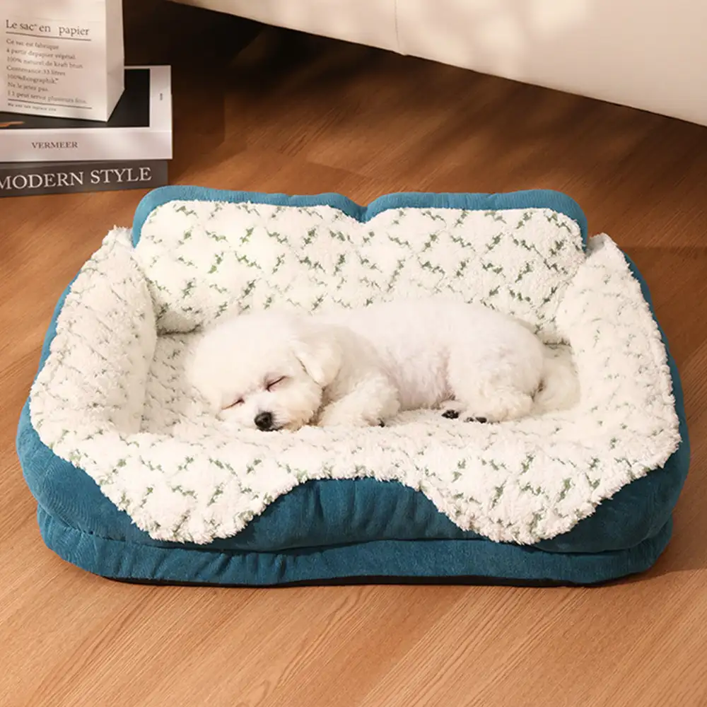 Lit pour animaux de compagnie en tissu jacquard contrasté en peluche avec support pour le cou. - Image 2