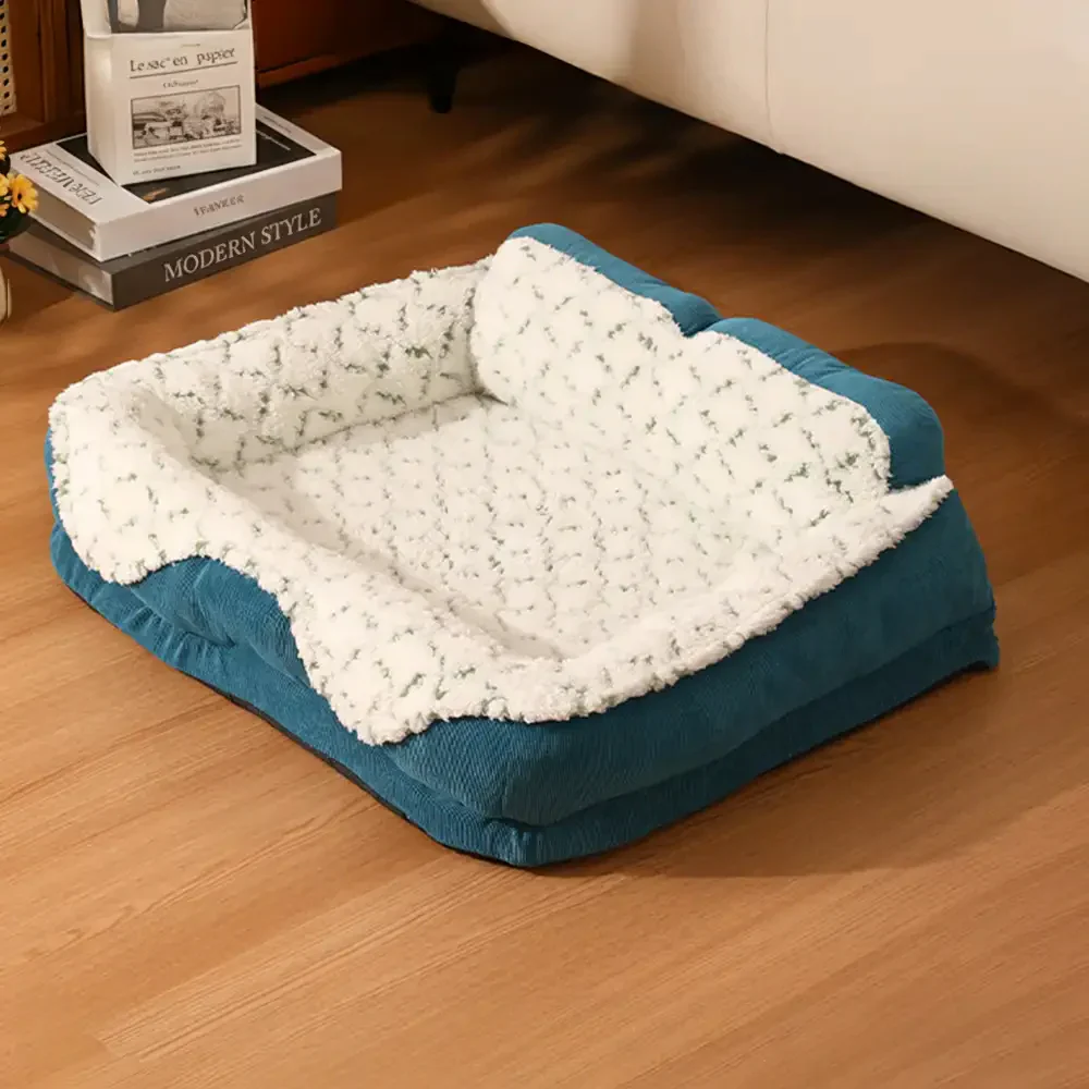 Lit pour animaux de compagnie en tissu jacquard contrasté en peluche avec support pour le cou. - Image 5