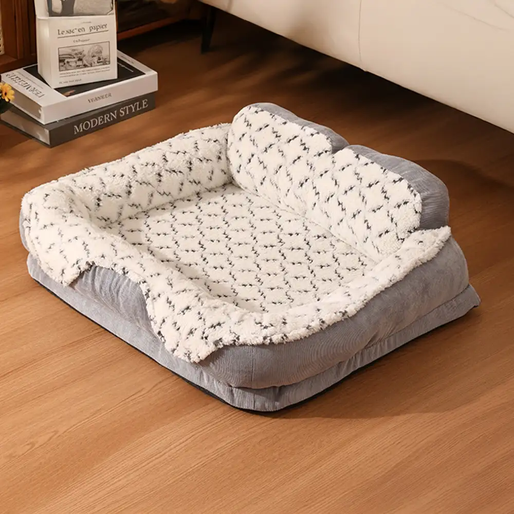 Lit pour animaux de compagnie en tissu jacquard contrasté en peluche avec support pour le cou. - Image 6