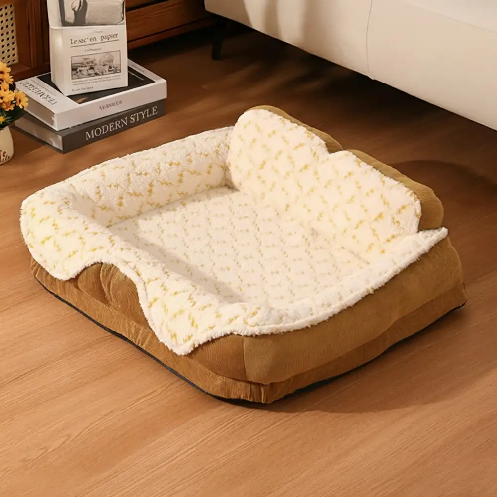 Lit pour animaux de compagnie en tissu jacquard contrasté en peluche avec support pour le cou. - Image 7
