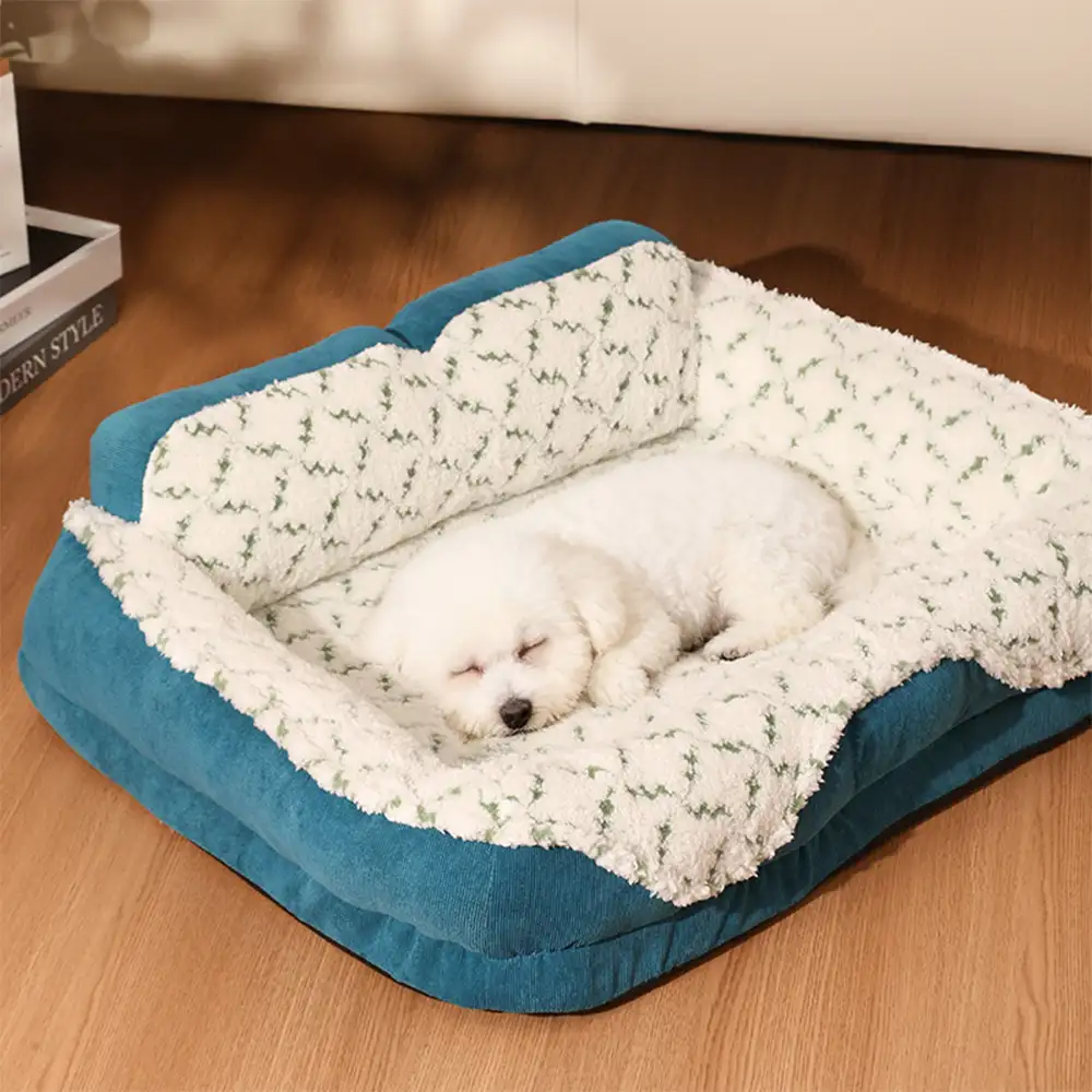 Lit pour animaux de compagnie en tissu jacquard contrasté en peluche avec support pour le cou. - Image 8