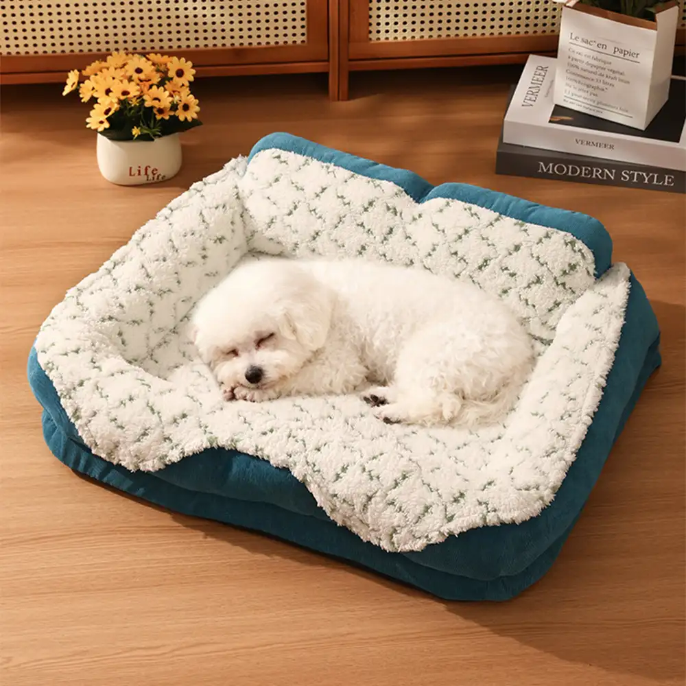 Lit pour animaux de compagnie en tissu jacquard contrasté en peluche avec support pour le cou. - Image 9