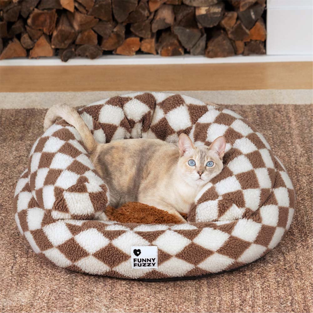 Lit pour chat en forme de donut classique à motif argyle lavable - Havre douillet - Image 2